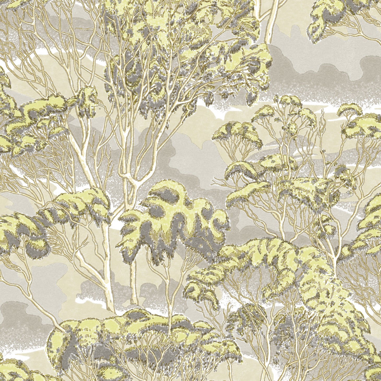 Detail of wallpaper in a painterly tree print in shades of gray and yellow on a cream field.