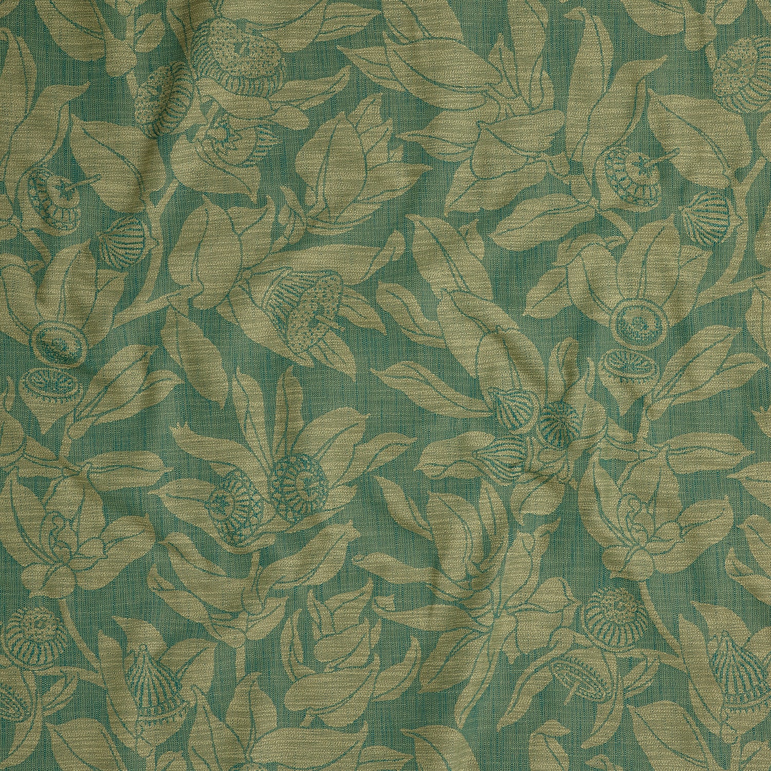 Draped fabric in a leaf and bud print in olive on a dark green field.