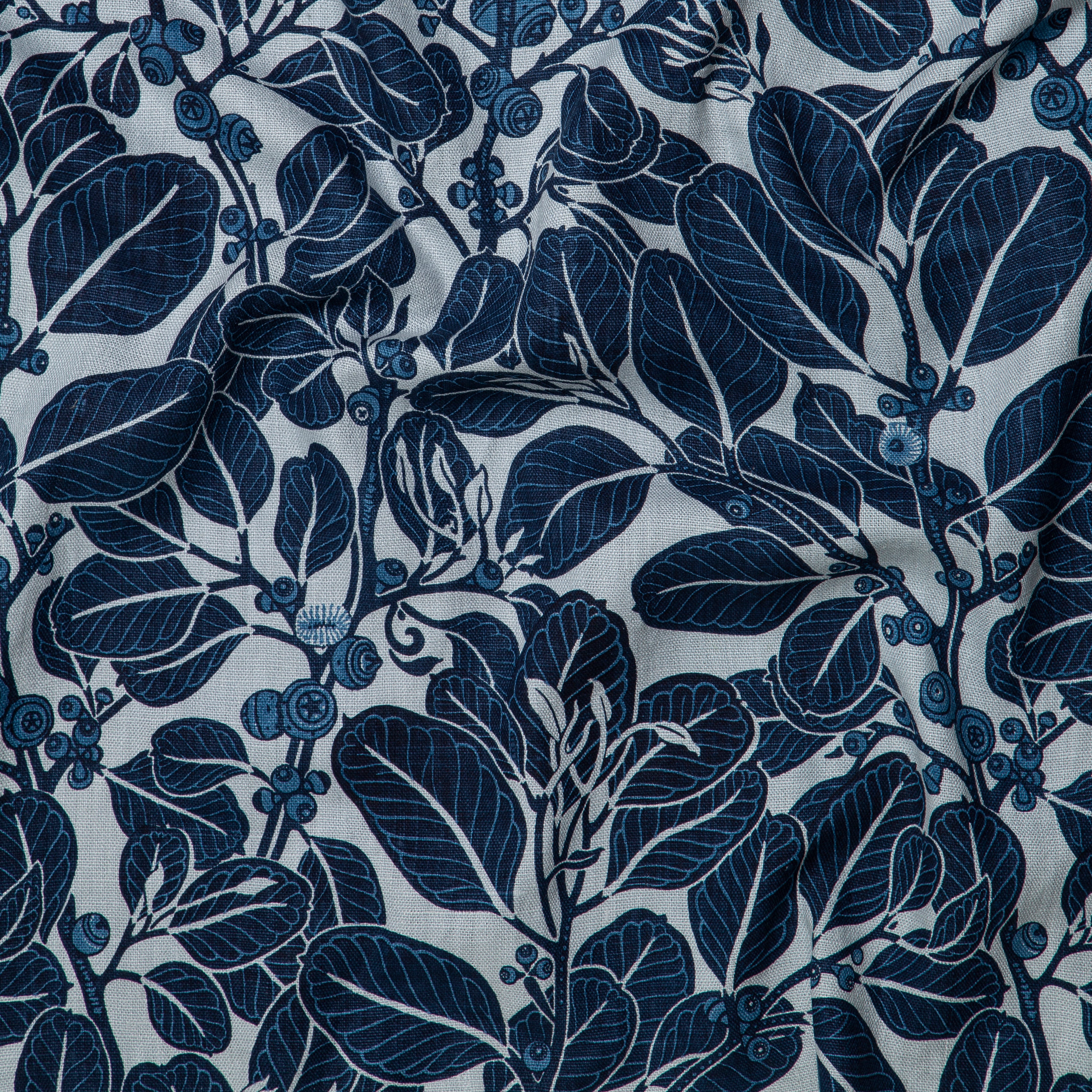 Detail of wallpaper in a dense leaf and stem print in blue-gray on a white field.