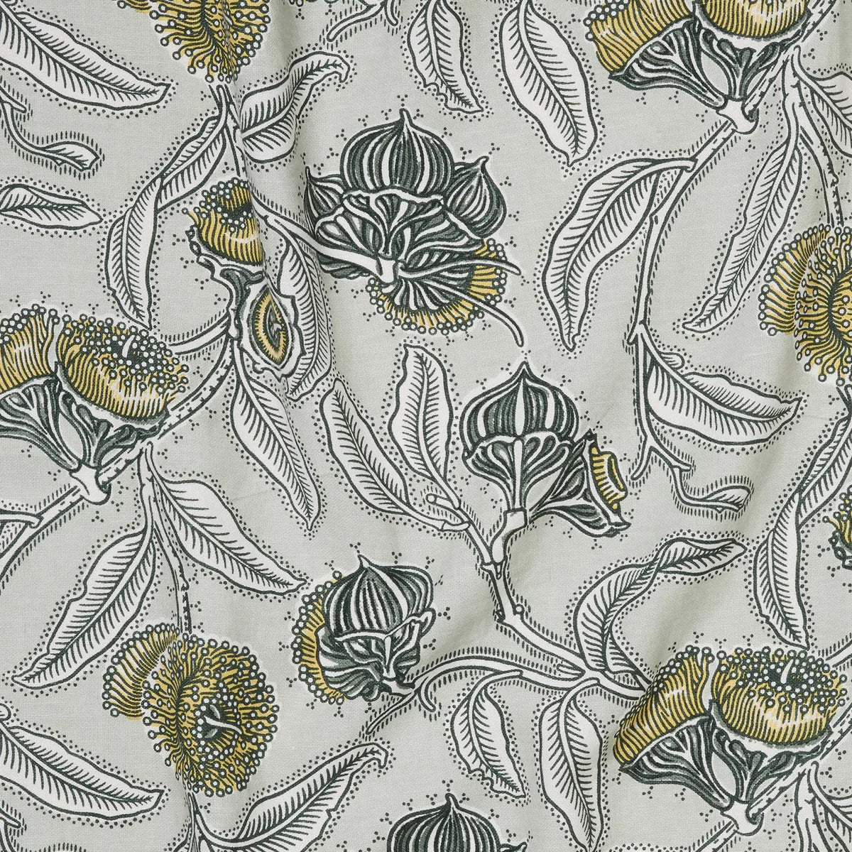 Draped fabric in a painterly floral print in gray, white and yellow on a light gray field.