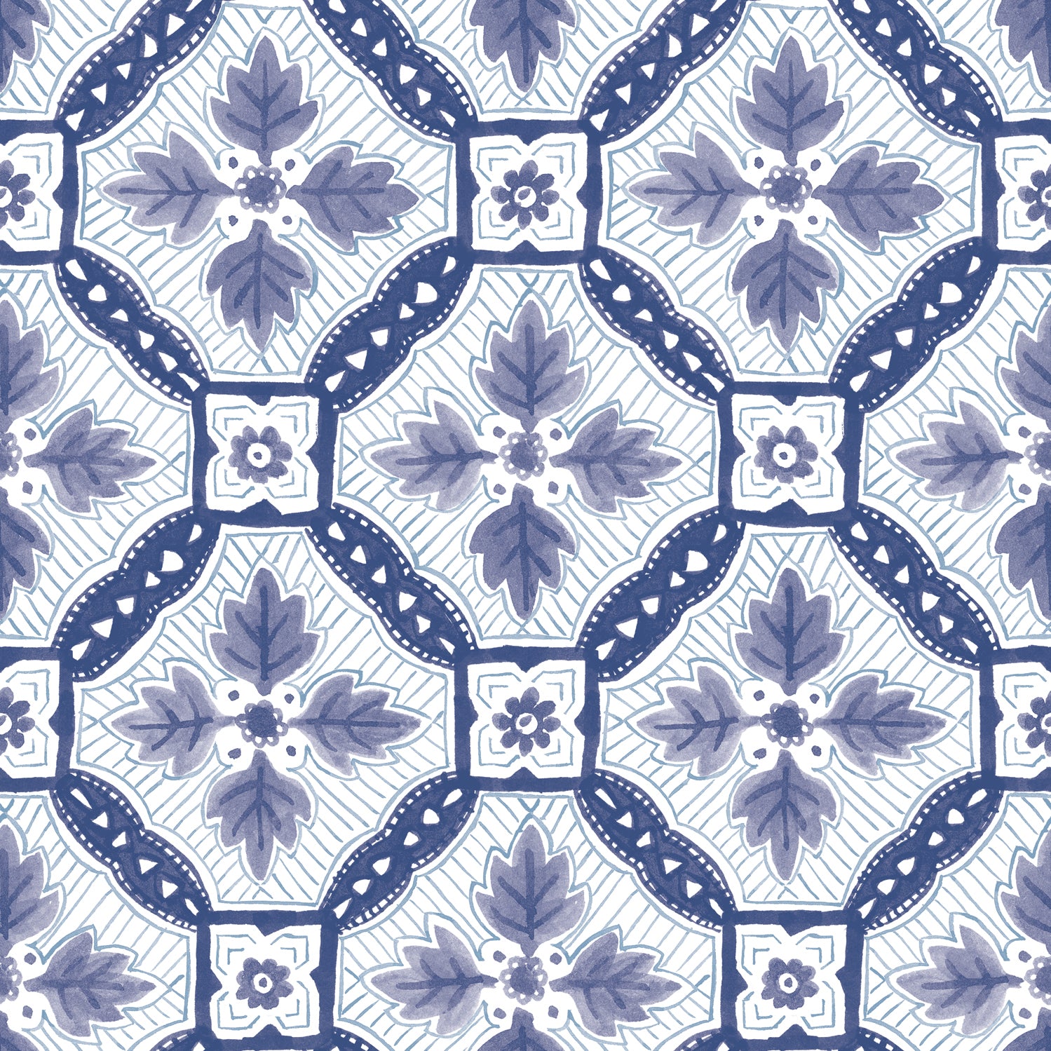Detail of wallpaper in a painterly botanical grid in shades of navy and purple on a white field.
