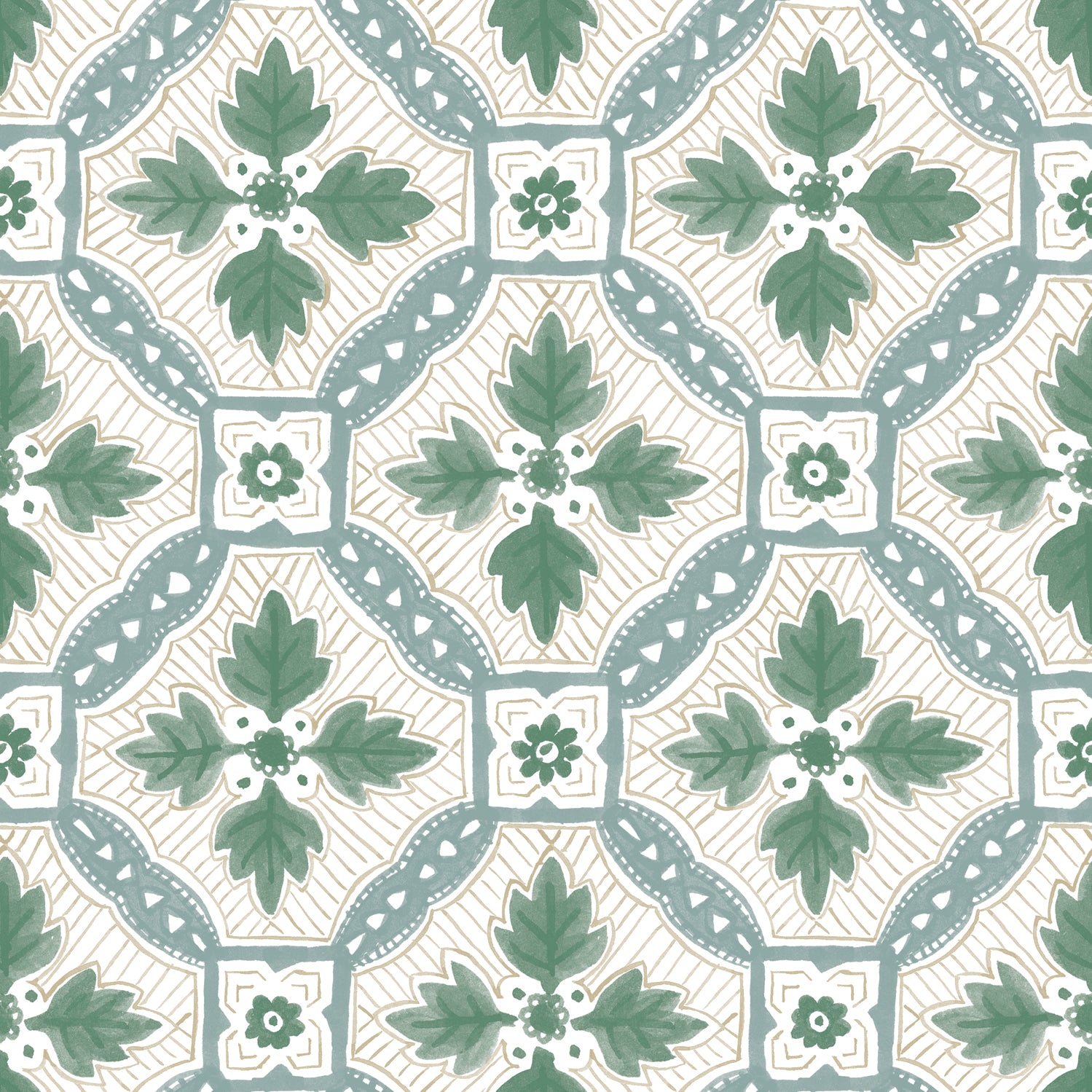 Detail of wallpaper in a painterly botanical grid in shades of green and tan on a white field.