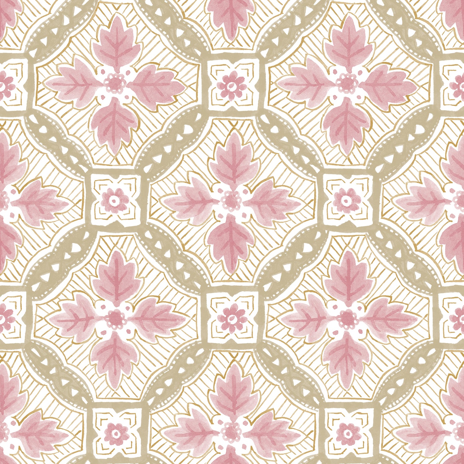 Detail of wallpaper in a painterly botanical grid in shades of pink and tan on a white field.