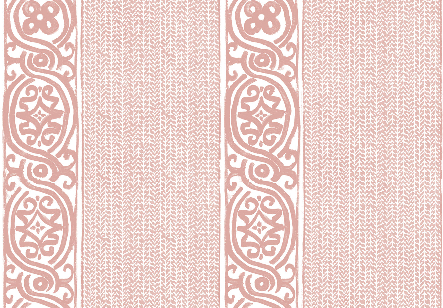 Detail of wallpaper in a painterly stripe print in light pink on a white field.