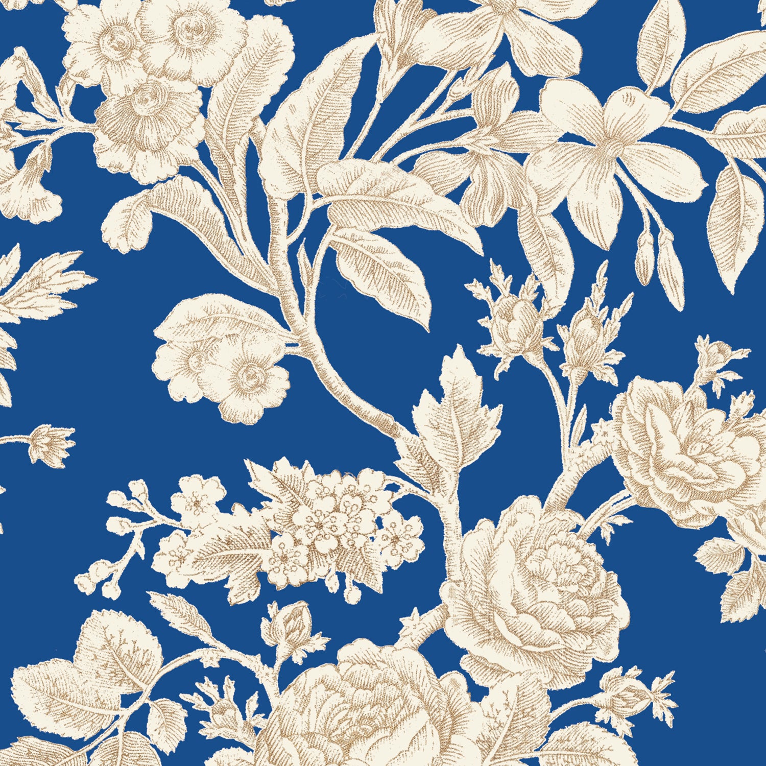 Detail of wallpaper in a classic floral print in tan and white on a navy field.