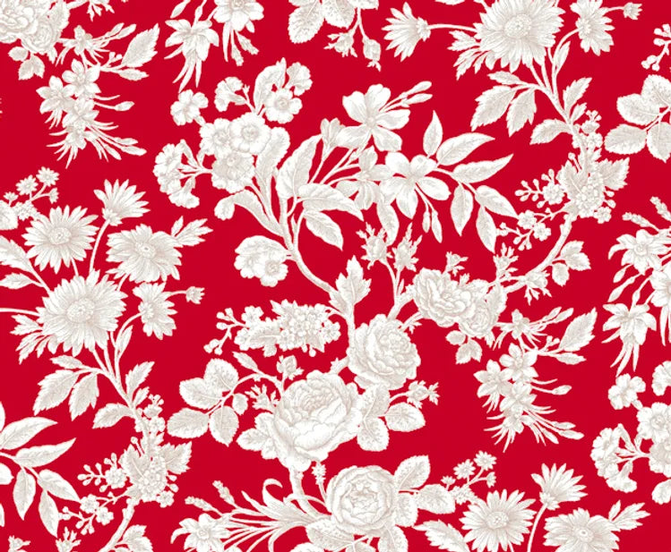 Detail of wallpaper in a classic floral print in tan and white on a red field.
