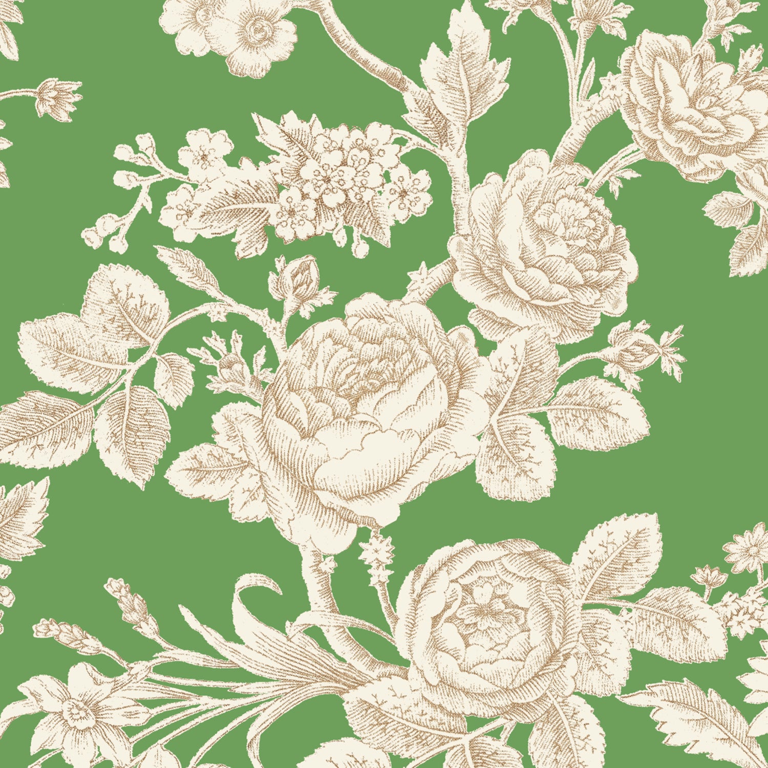 Detail of wallpaper in a classic floral print in tan and white on a green field.