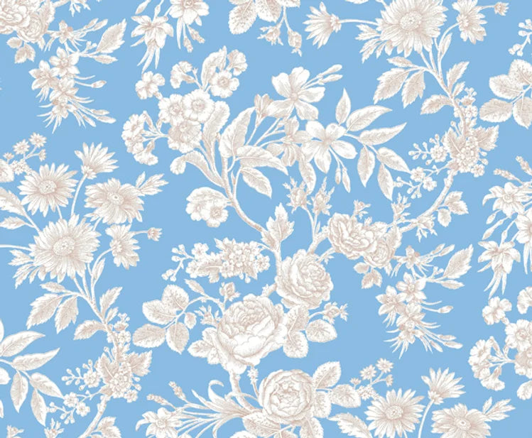 Detail of wallpaper in a classic floral print in tan and white on a blue field.