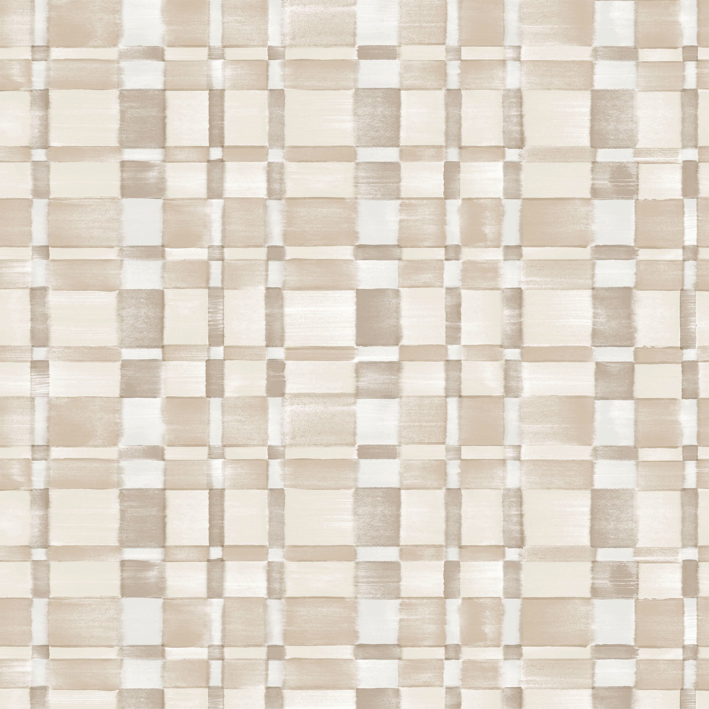 Detail of fabric in a large-scale checked pattern in shades of cream and tan.