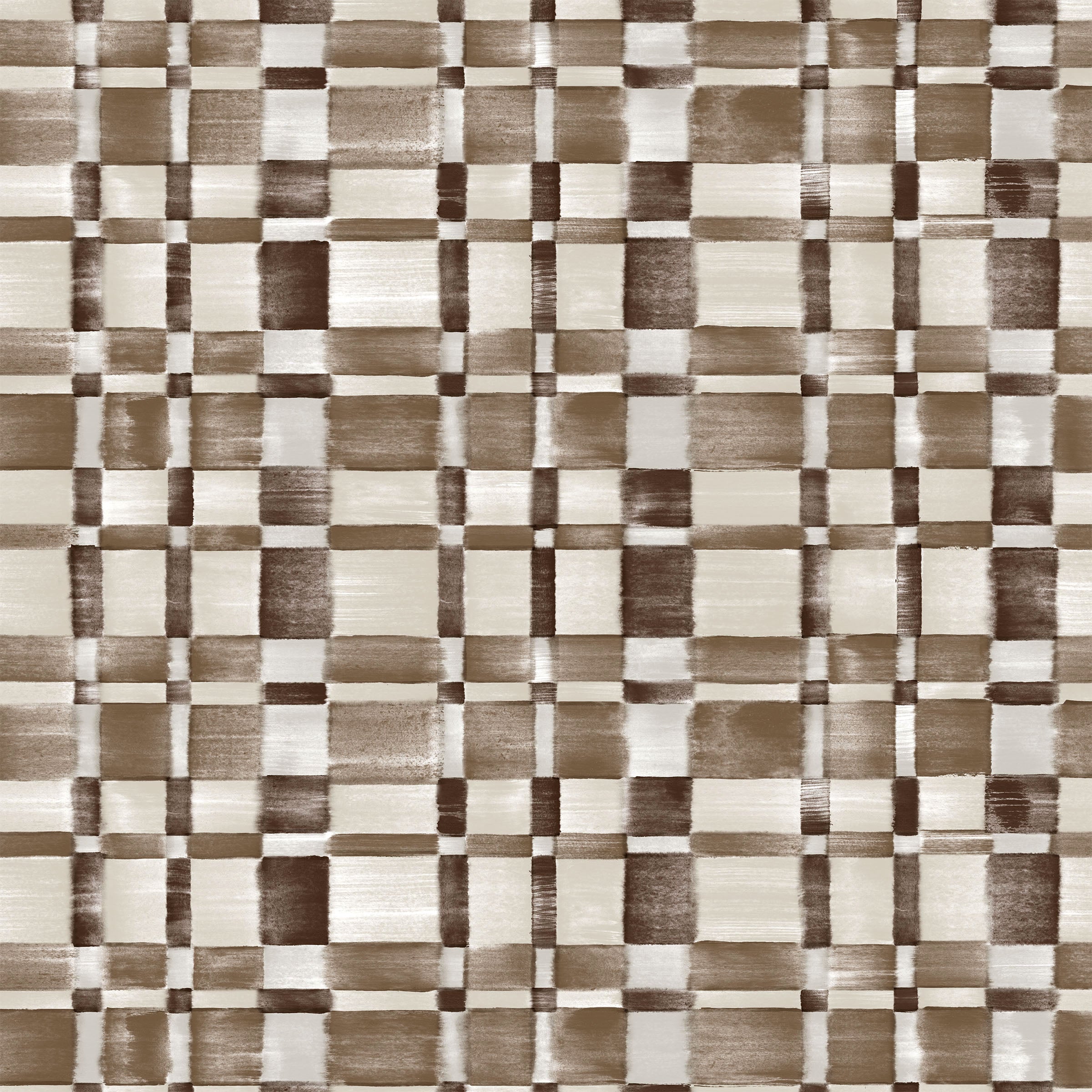 Detail of fabric in a large-scale checked pattern in shades of cream and brown.