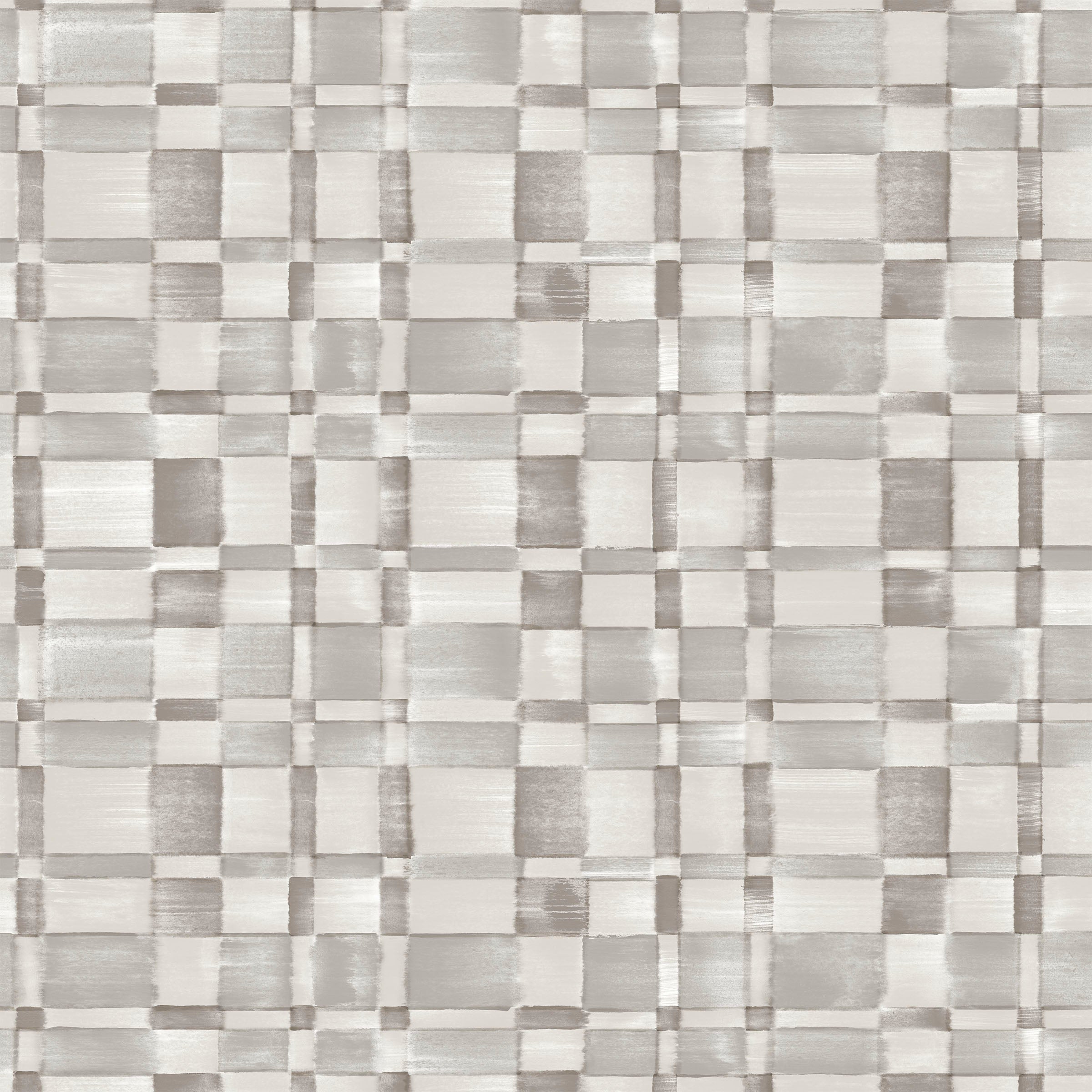 Detail of fabric in a large-scale checked pattern in shades of greige.