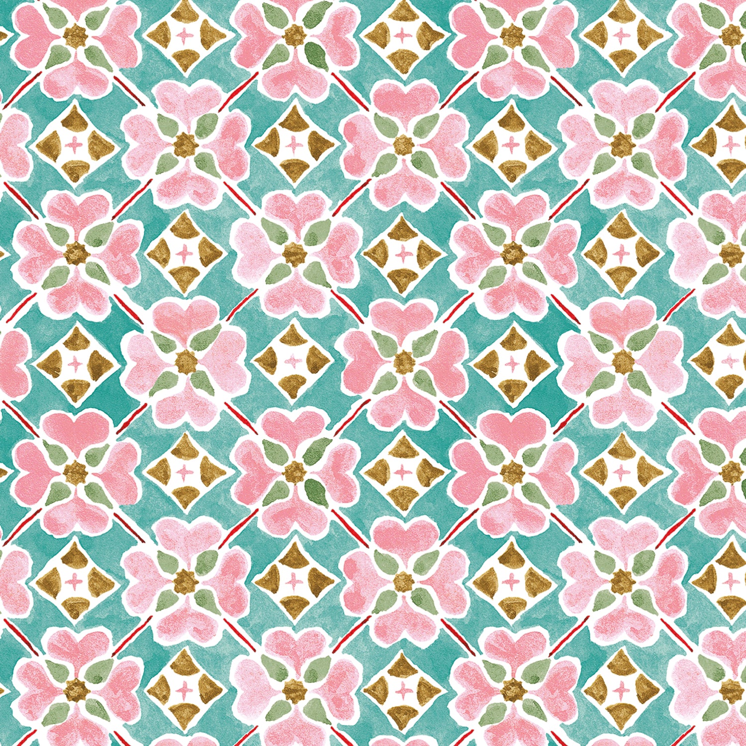 Detail of wallpaper in a floral lattice print in pink, brown, teal and white.