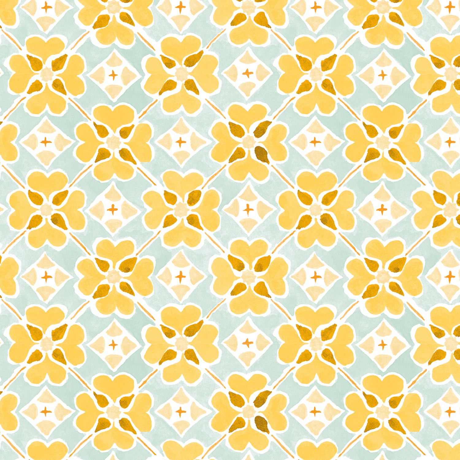 Detail of wallpaper in a floral lattice print in light blue, yellow, brown and white.