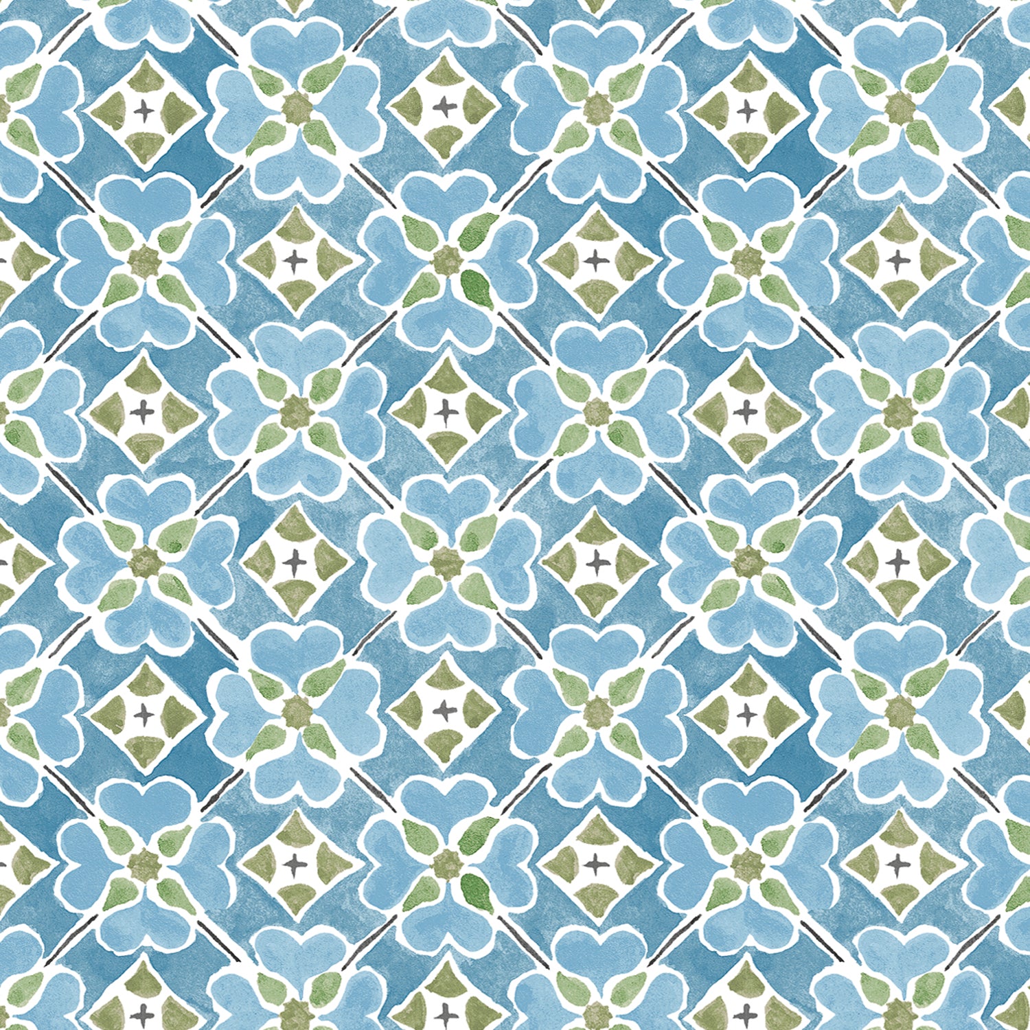 Detail of wallpaper in a floral lattice print in blue, green and white.