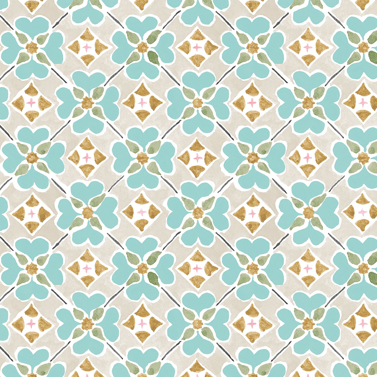 Detail of wallpaper in a floral lattice print in teal, tan, brown and white.