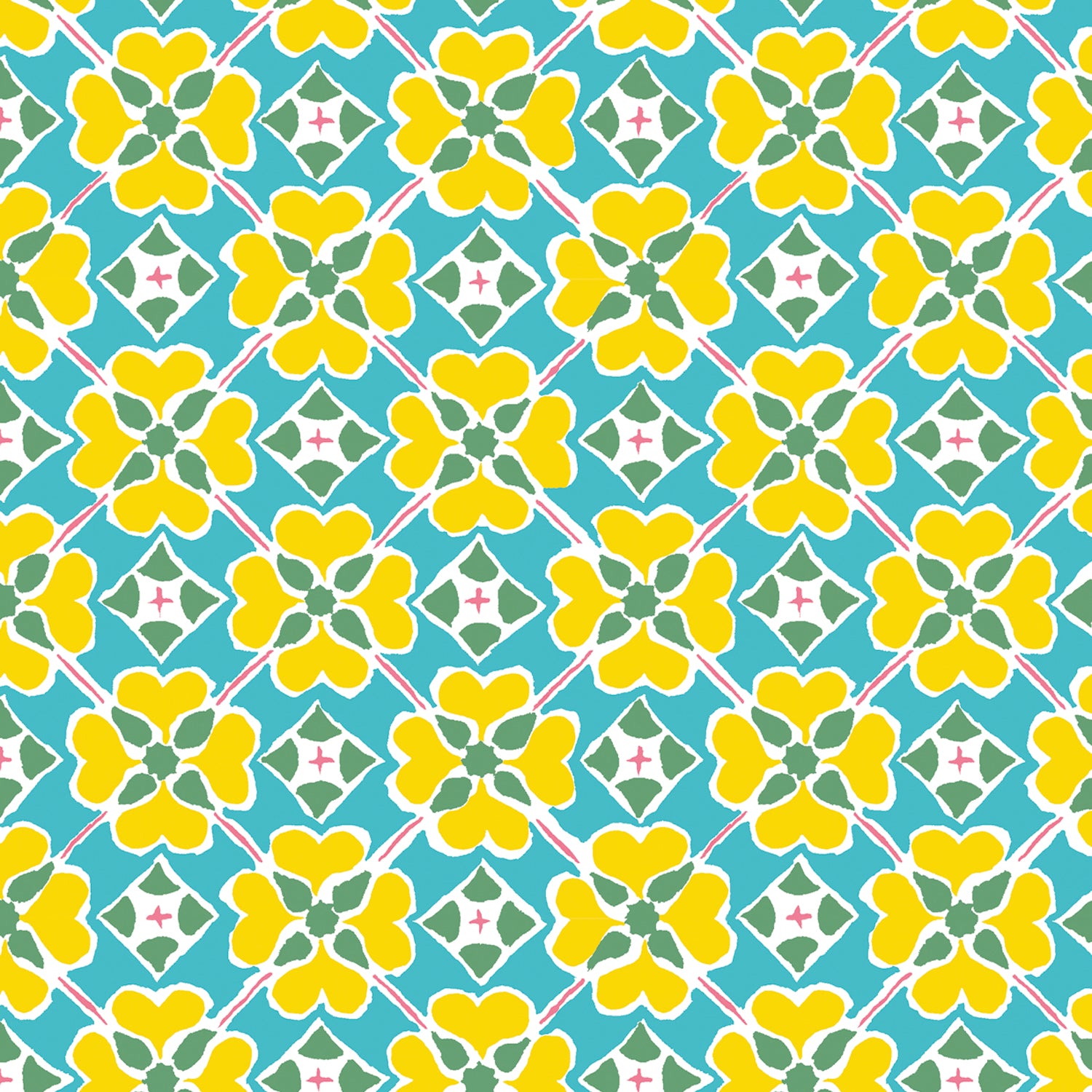 Detail of wallpaper in a floral lattice print in yellow, pink, blue and white.