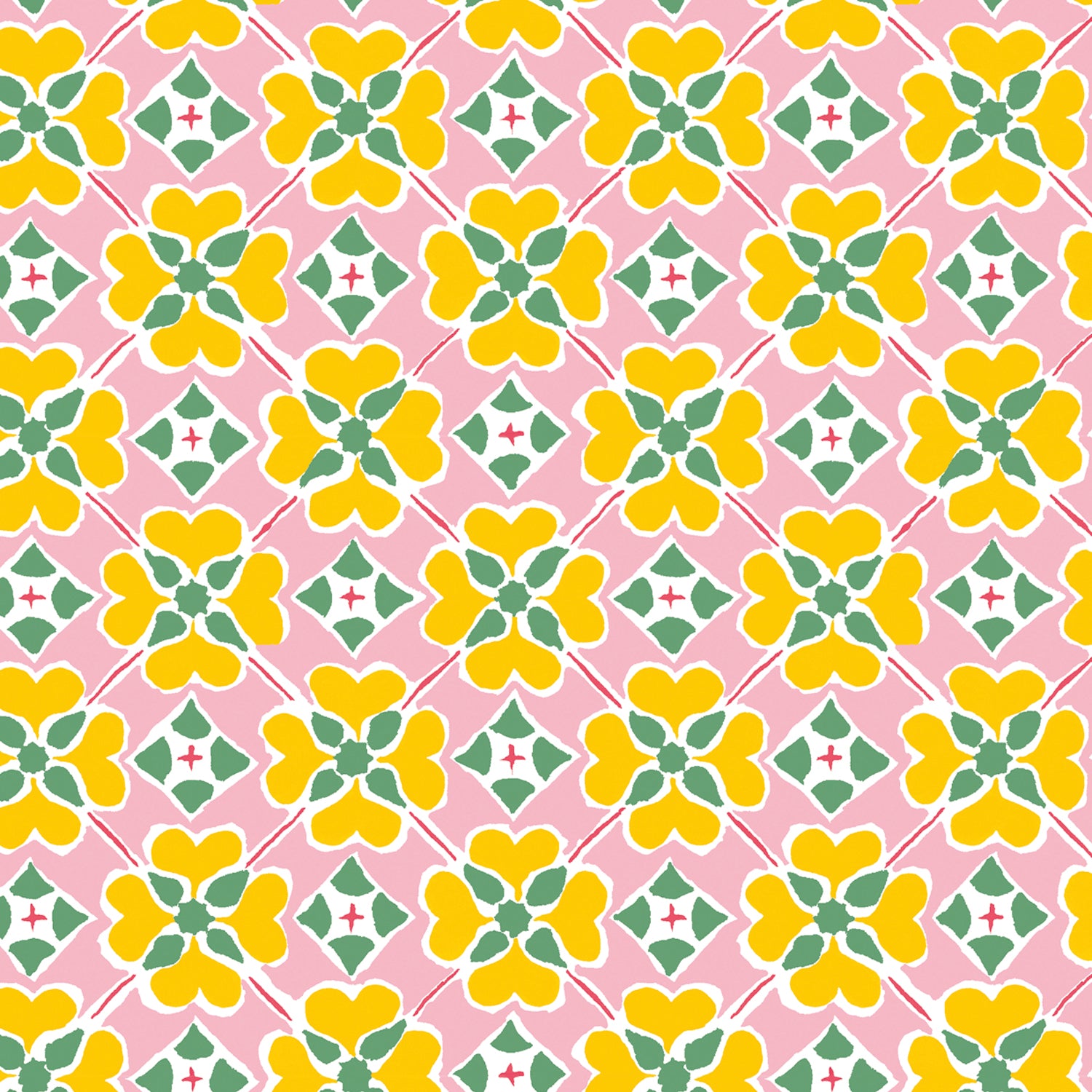 Detail of wallpaper in a floral lattice print in yellow, pink, green and white.