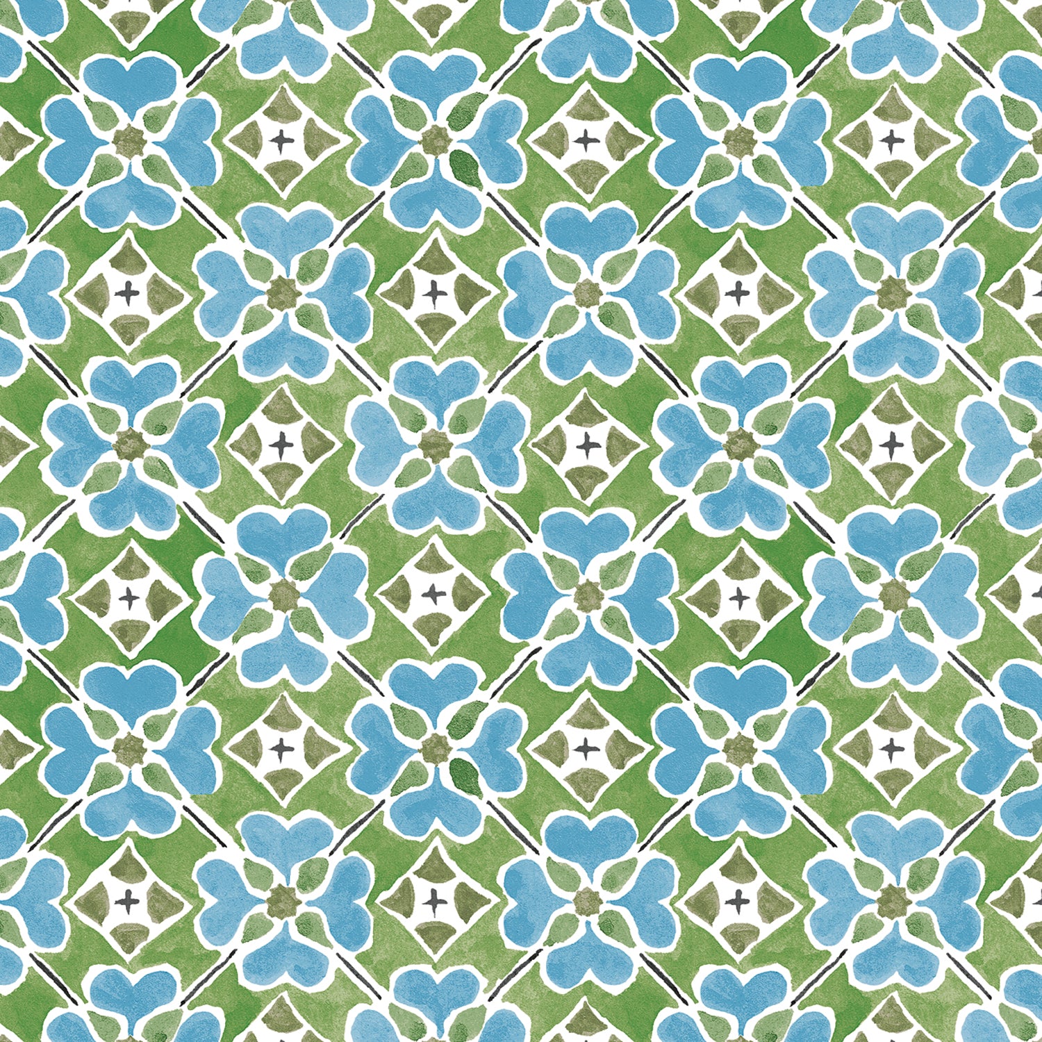 Detail of wallpaper in a floral lattice print in blue, green, brown and white.