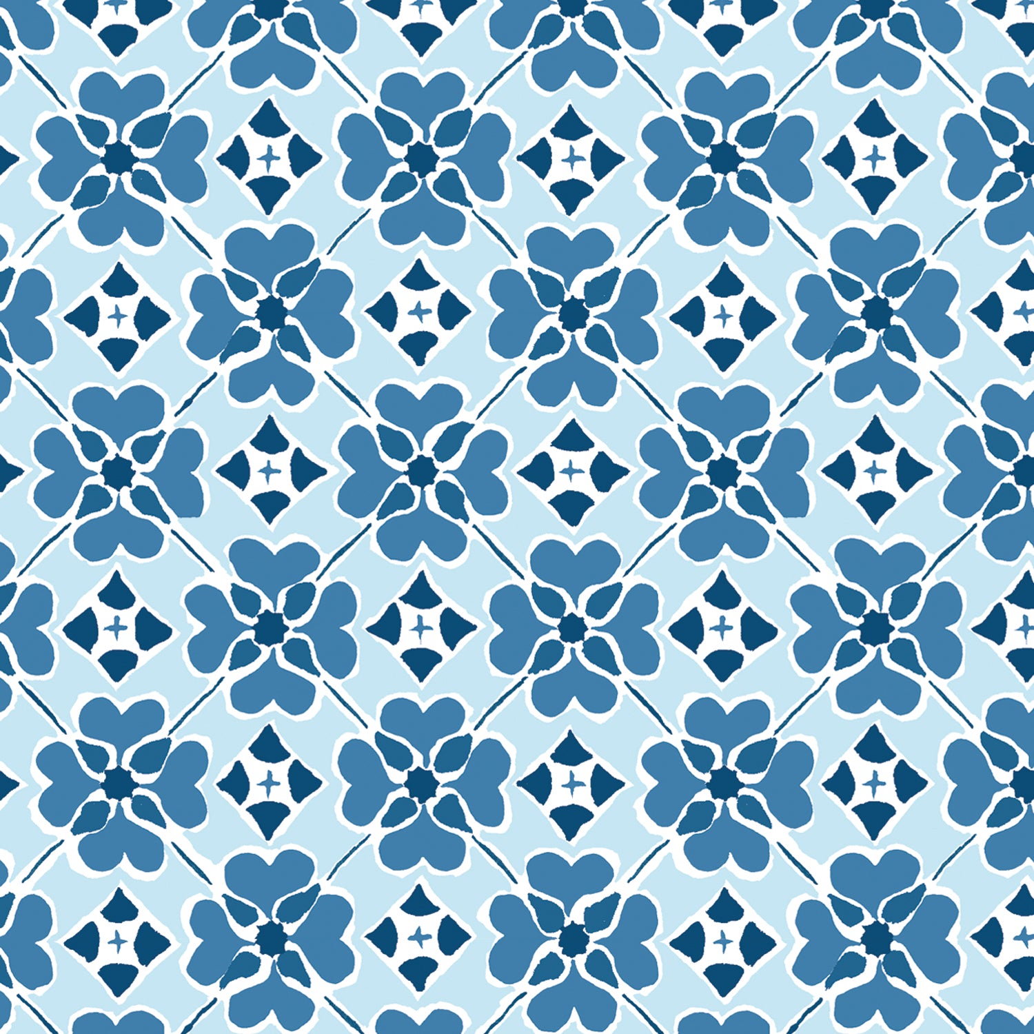 Detail of wallpaper in a floral lattice print in blue, navy and white.