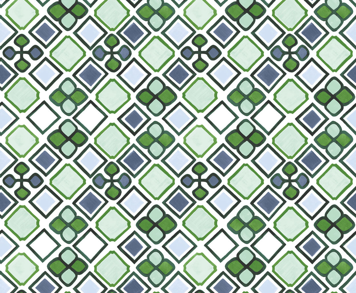 Detail of wallpaper in a geometric diamond and floral print in shades of green, purple and white.