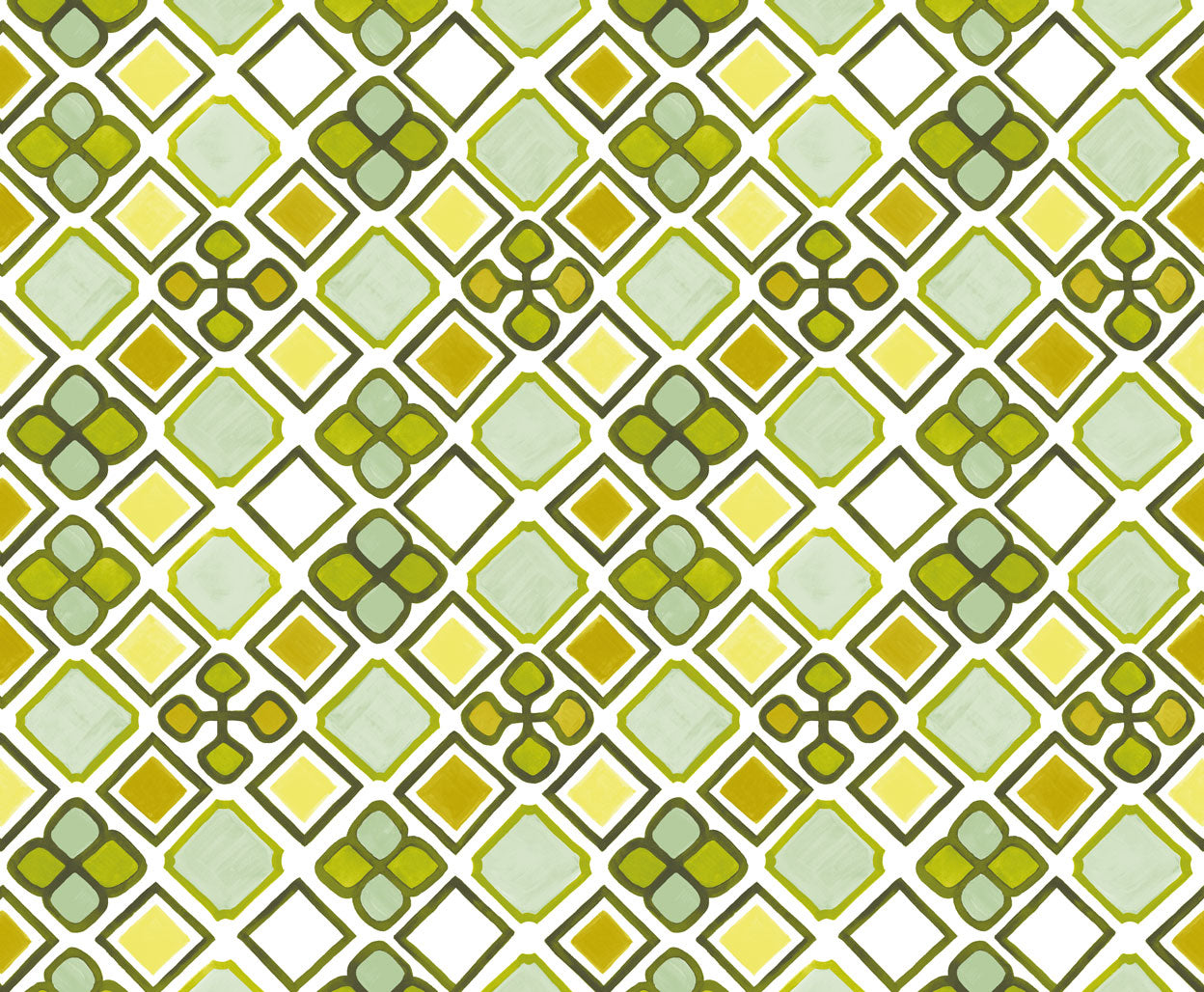 Detail of wallpaper in a geometric diamond and floral print in shades of green, yellow and white.