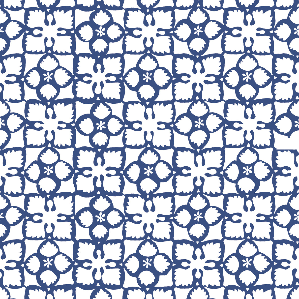 Detail of wallpaper in a botanical lattice print in navy on a white field.