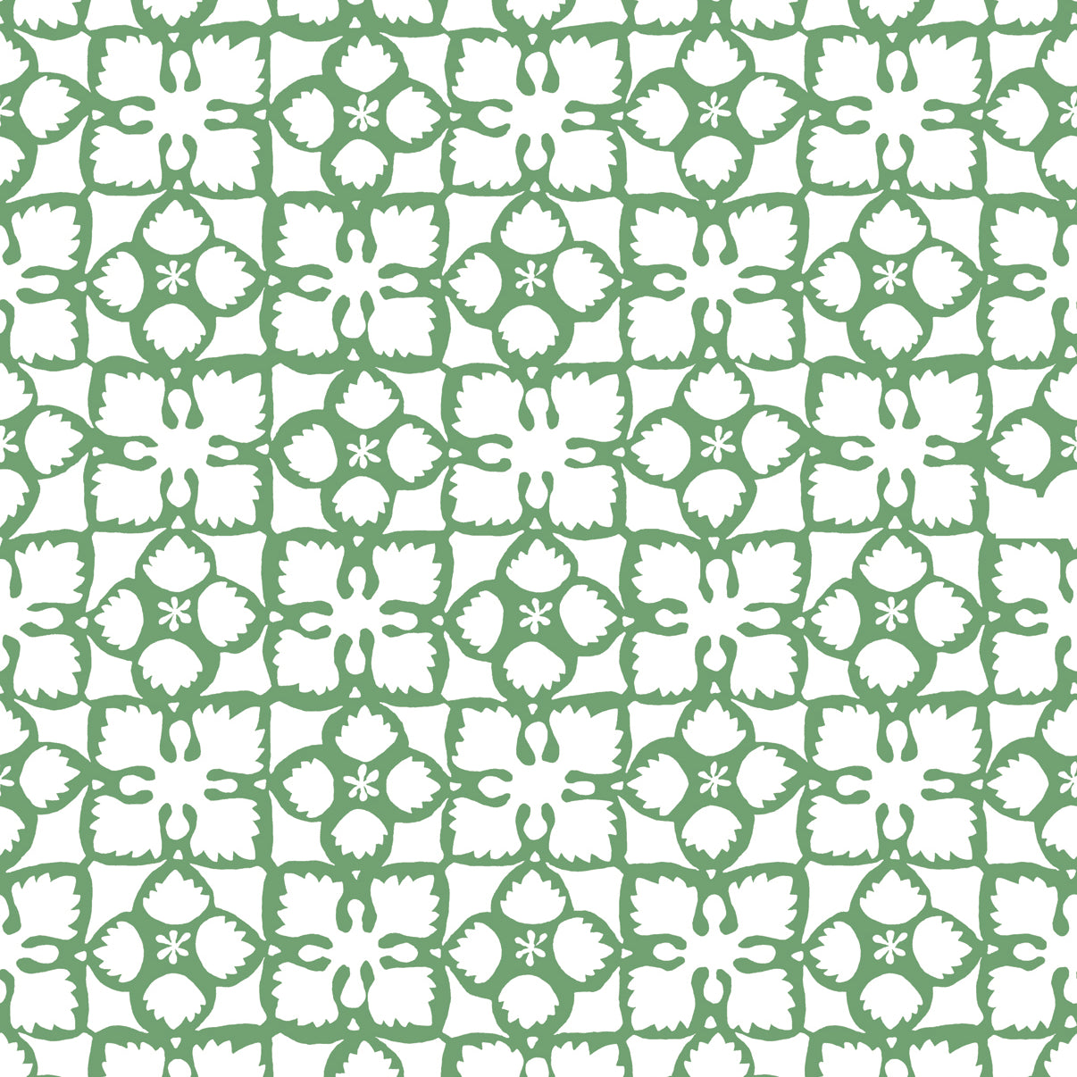 Detail of wallpaper in a botanical lattice print in green on a white field.