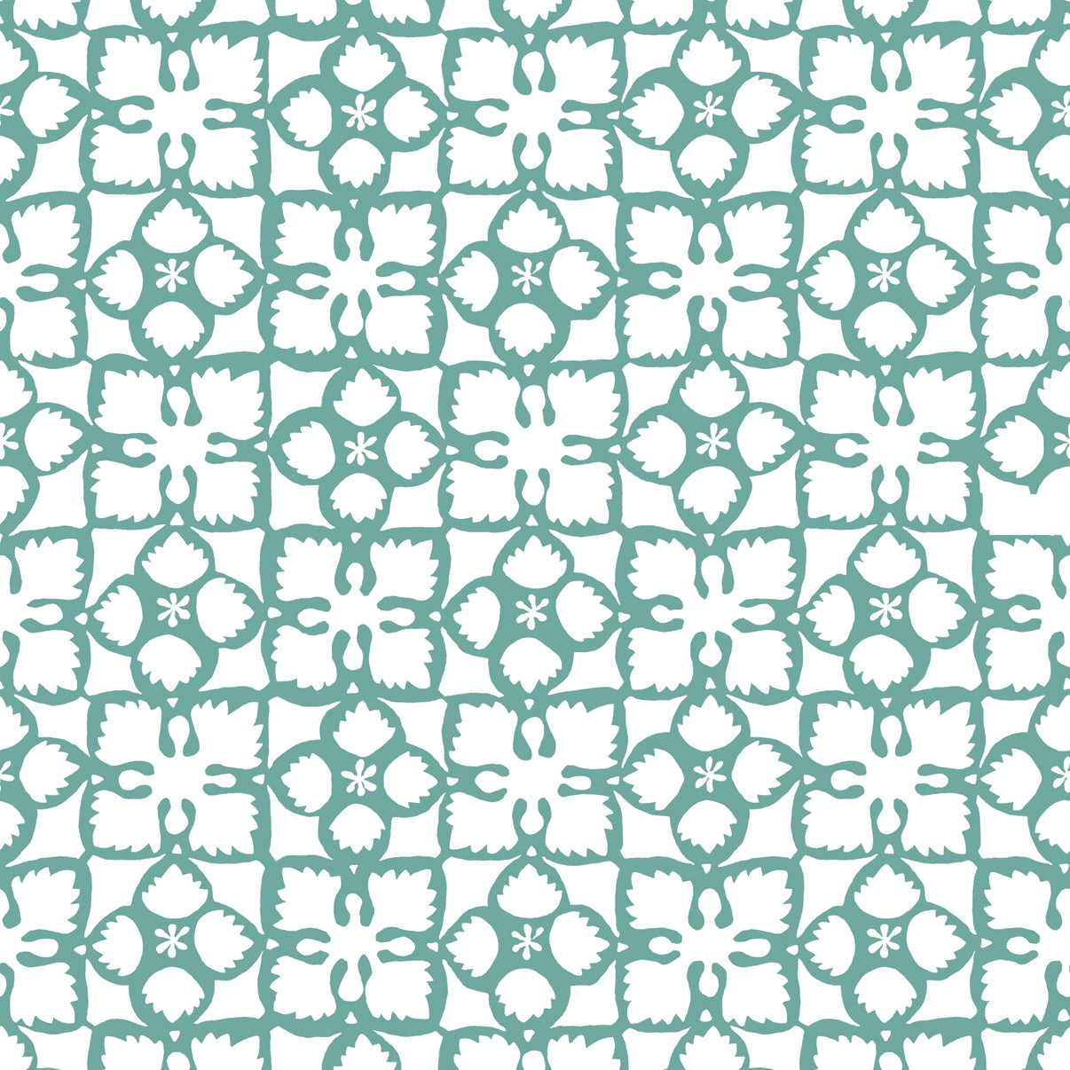 Detail of wallpaper in a botanical lattice print in teal on a white field.