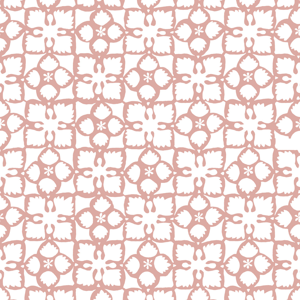 Detail of wallpaper in a botanical lattice print in light pink on a white field.