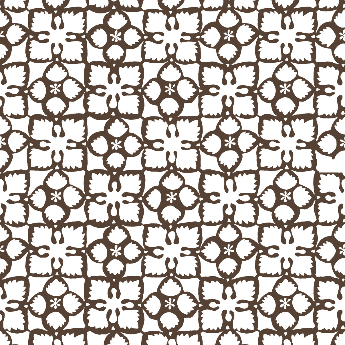 Detail of wallpaper in a botanical lattice print in brown on a white field.