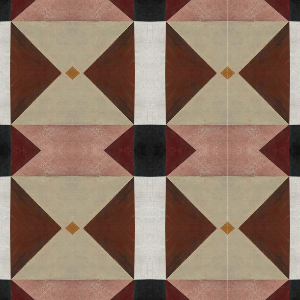 Detail of wallpaper in a geometric grid print in shades of brown, red, purple and black on a white field.