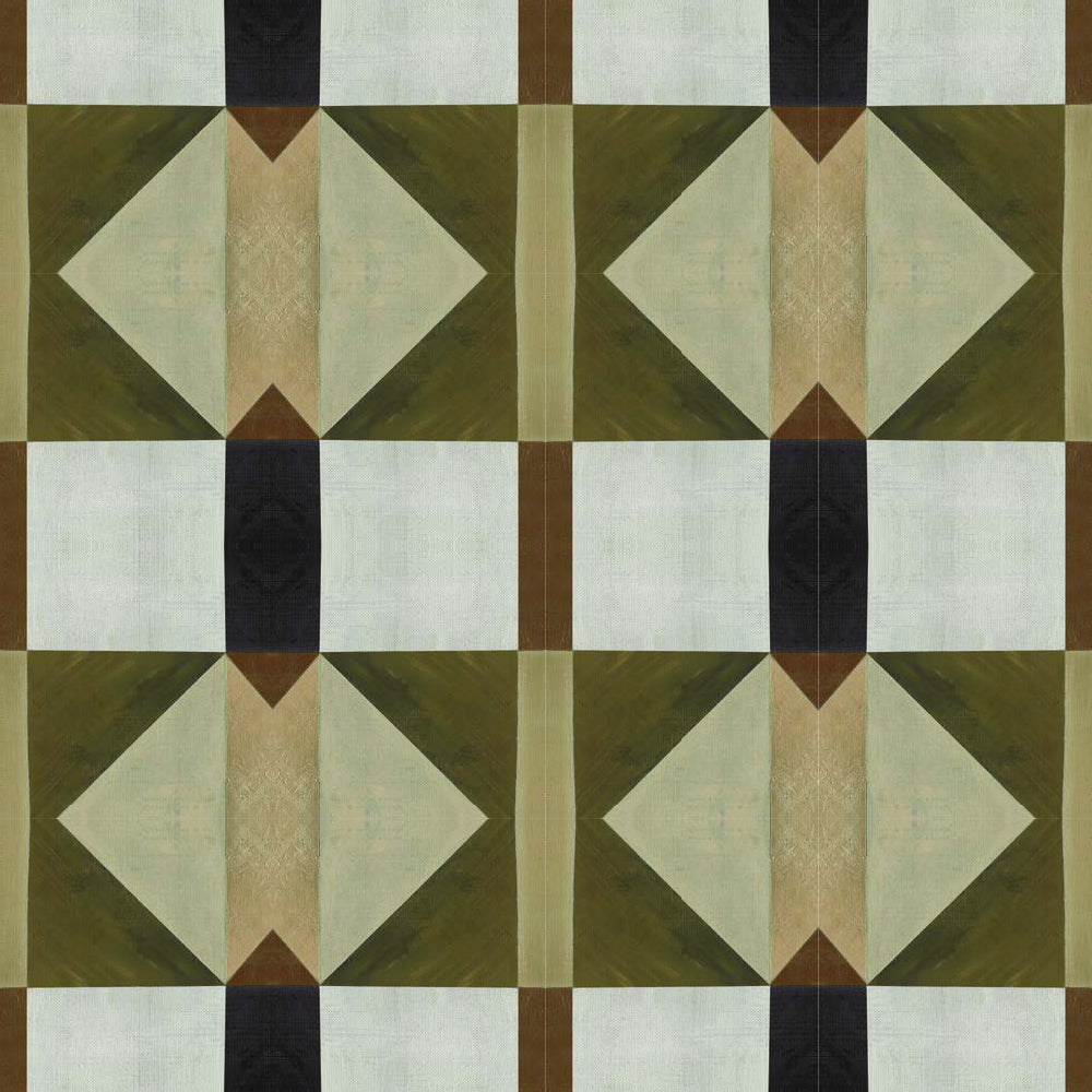 Detail of wallpaper in a geometric grid print in shades of green and brown on a cream field.