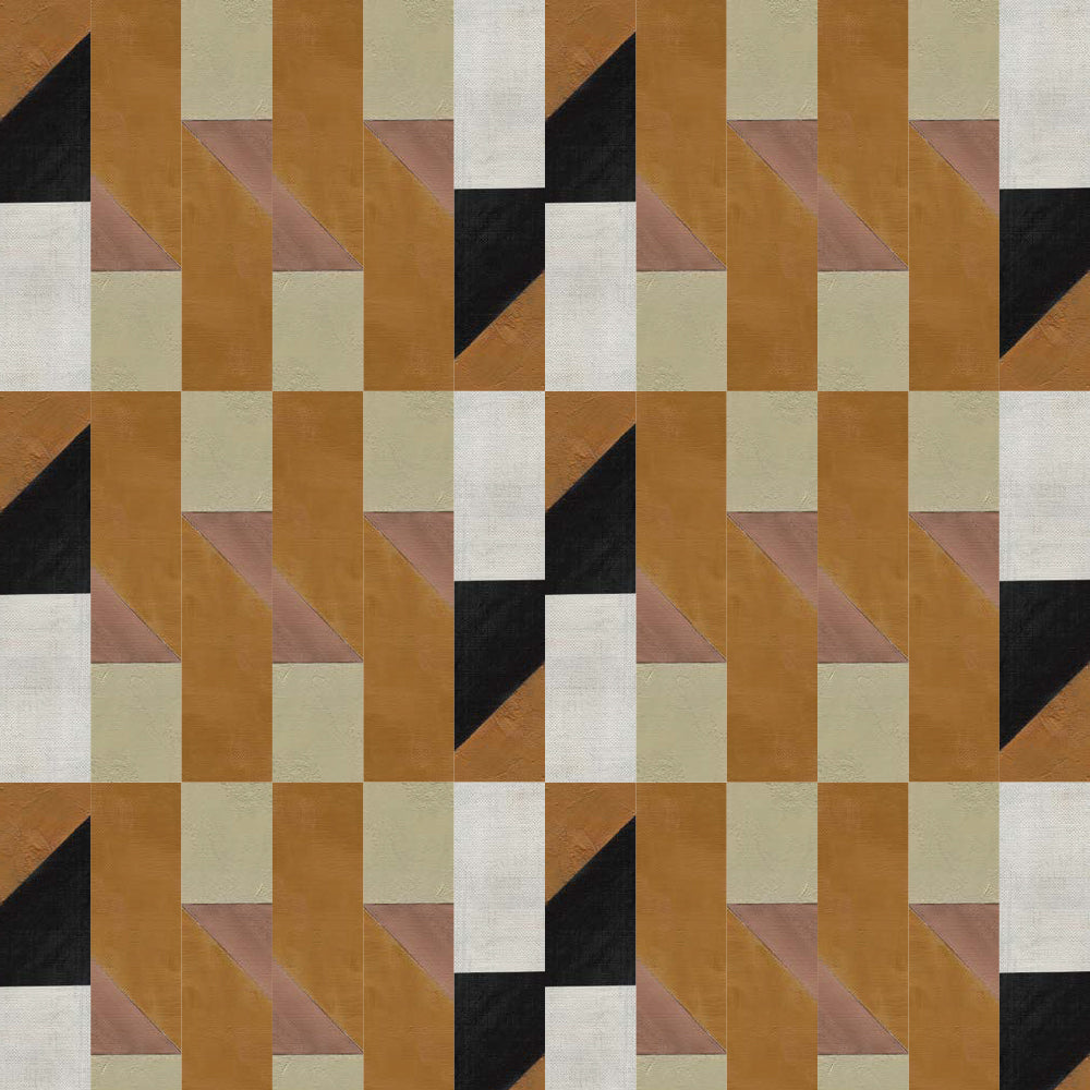 Detail of wallpaper in a geometric grid print in shades of rust, yellow and gray on a cream field.