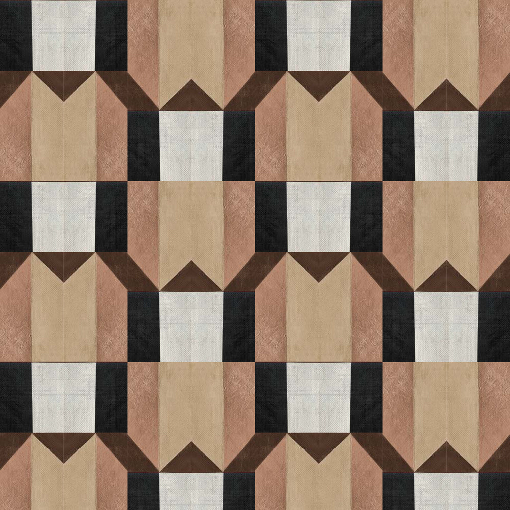 Detail of wallpaper in a geometric grid print in shades of pink, brown and gray on a white field.