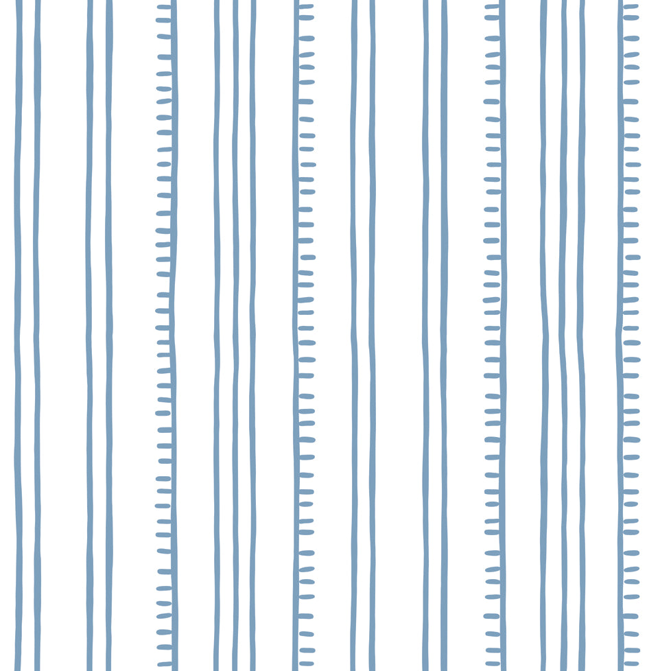 Detail of wallpaper in a playful stripe pattern in light blue on a white field.