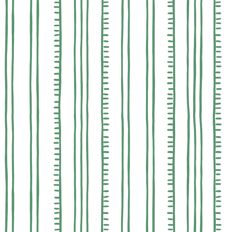 Detail of wallpaper in a playful stripe pattern in green on a white field.