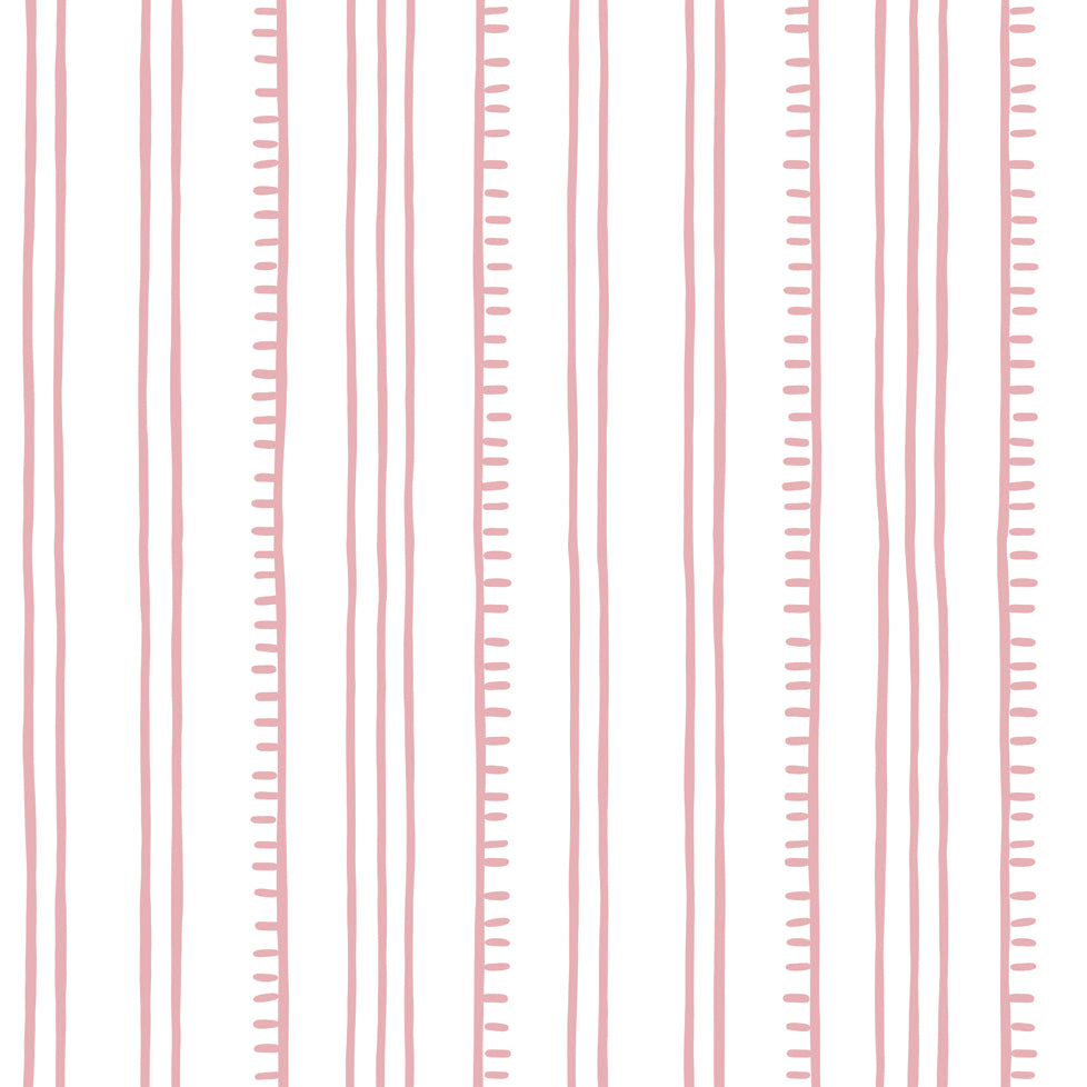 Detail of wallpaper in a playful stripe pattern in light pink on a white field.