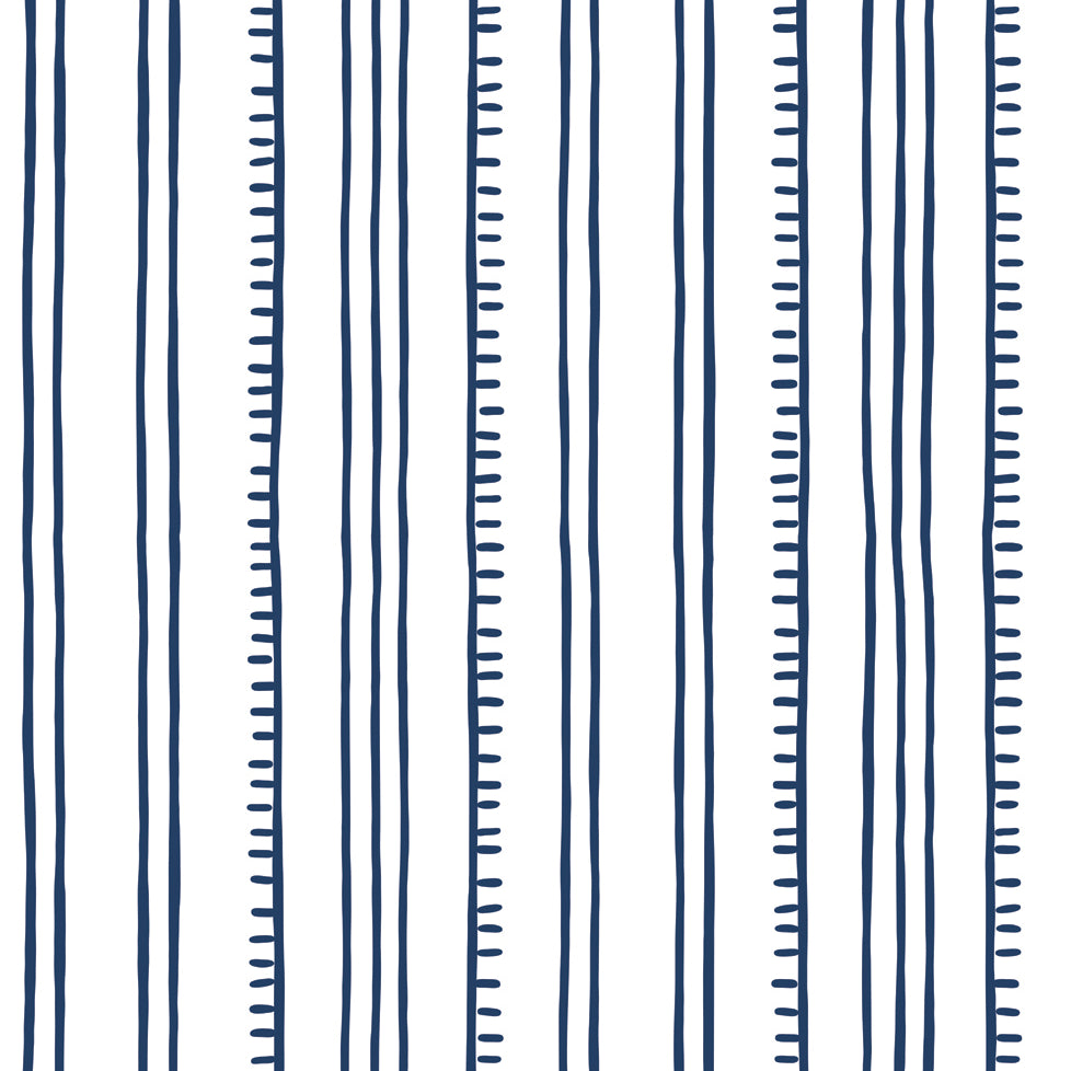 Detail of wallpaper in a playful stripe pattern in navy on a white field.