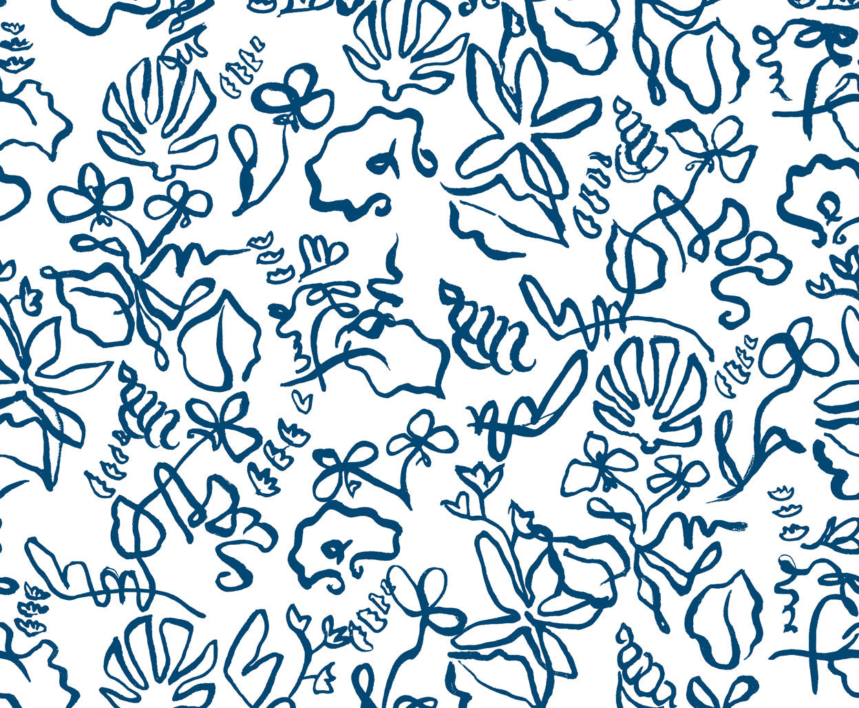 Detail of fabric in a painterly seashell print in navy on a white field.