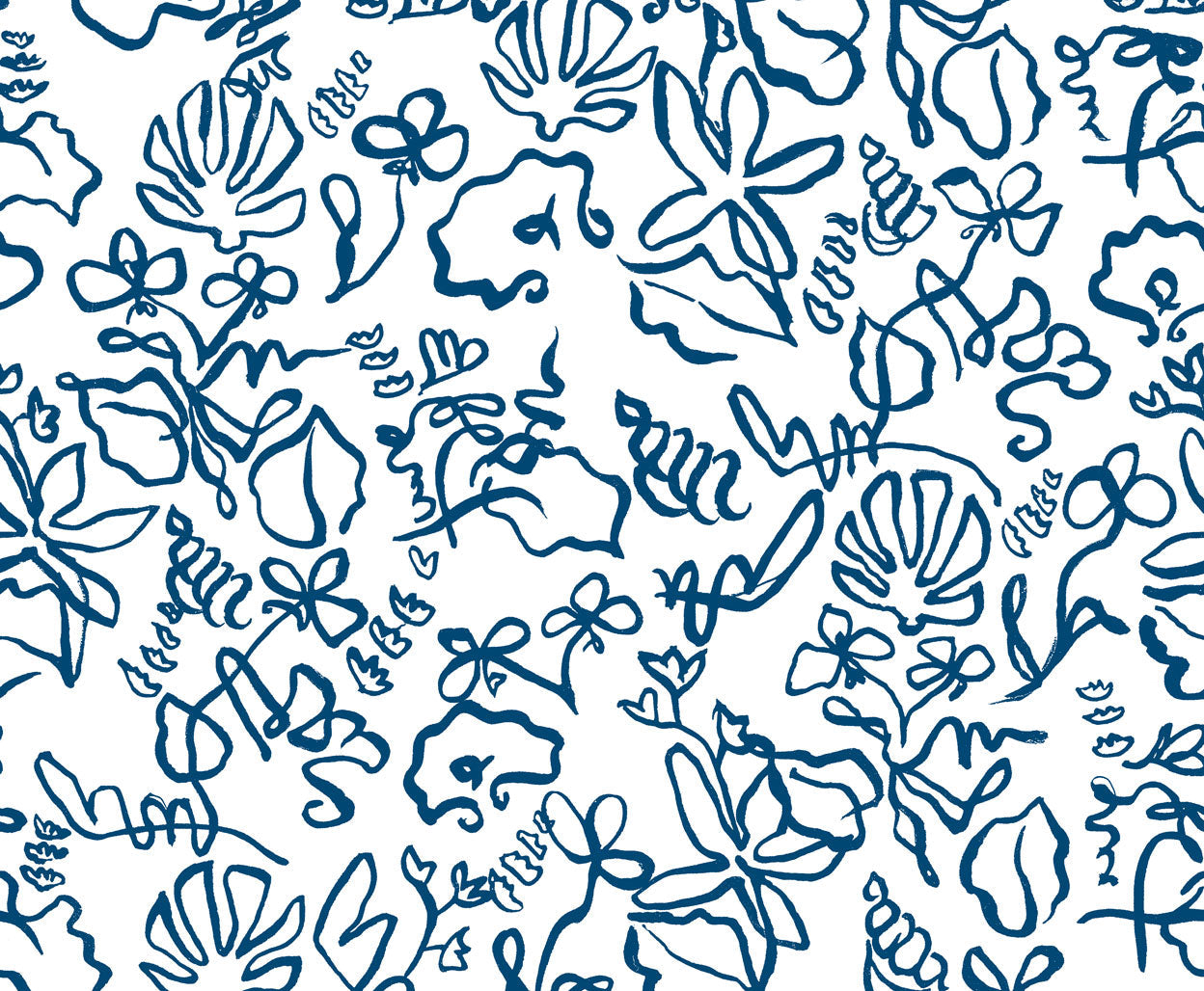Detail of wallpaper in a painterly seashell print in navy on a white field.