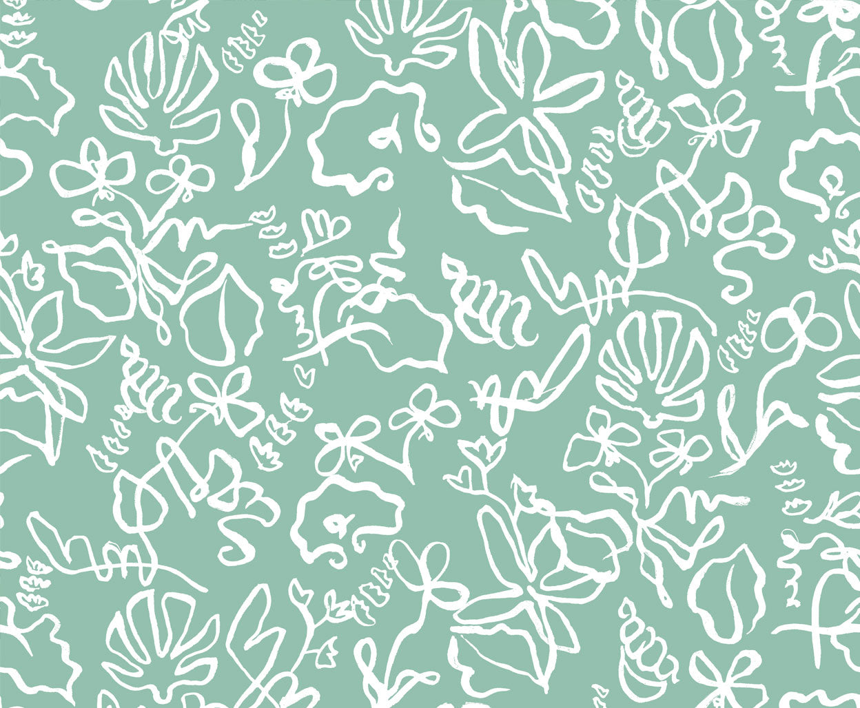 Detail of wallpaper in a painterly seashell print in white on a teal field.