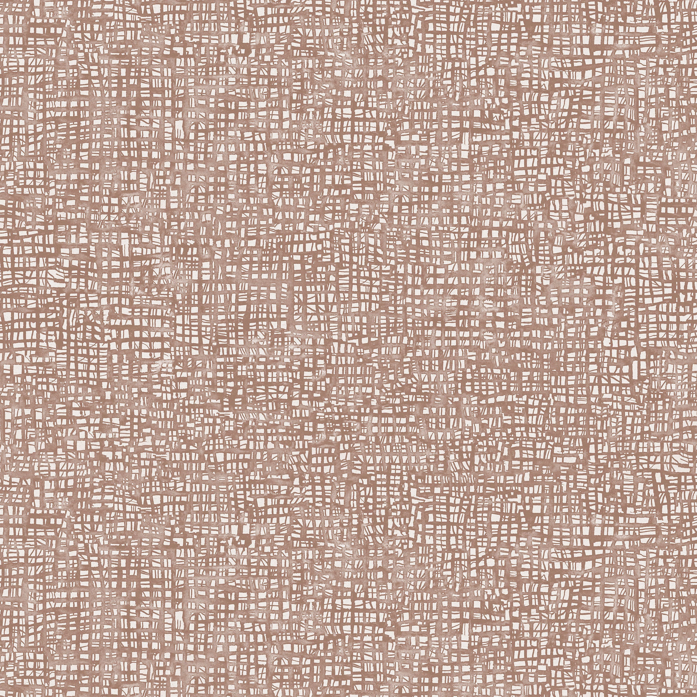 Detail of fabric in a textural wicker pattern in mottled brown on a white field.