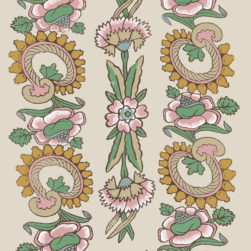 Detail of wallpaper in a dense floral stripe in green, brown and pink on a tan field.