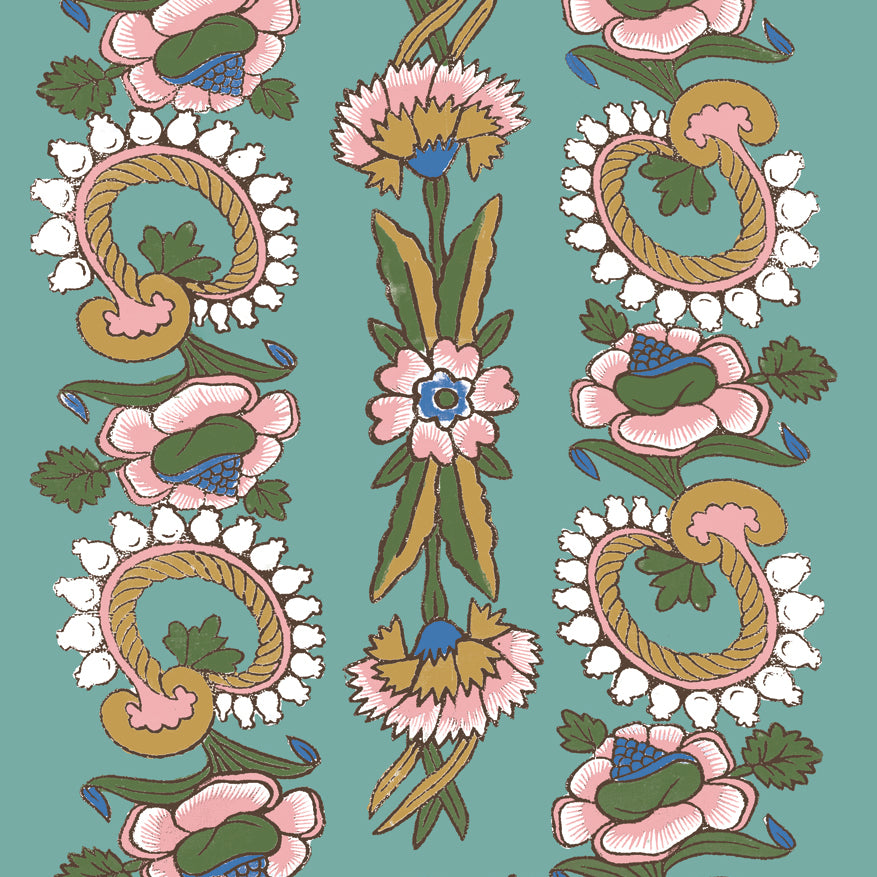 Detail of wallpaper in a dense floral stripe in green, brown and pink on a teal field.