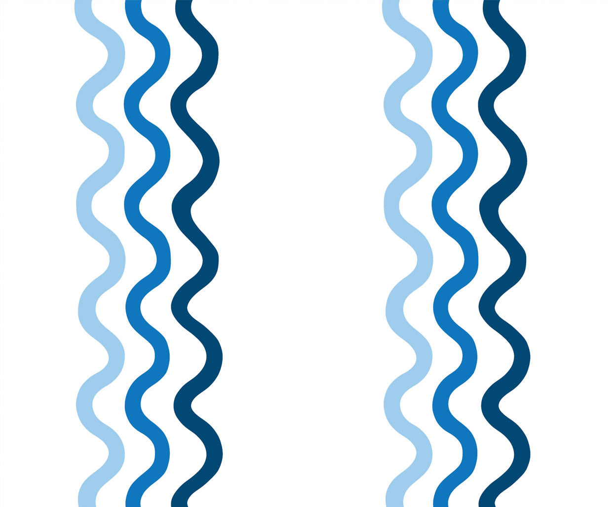 Detail of fabric in a wavy stripe print in blue and navy on a white field.