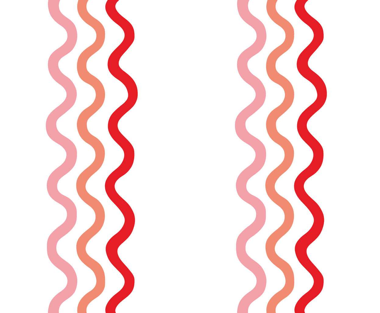 Detail of fabric in a wavy stripe print in pink, red and orange on a white field.