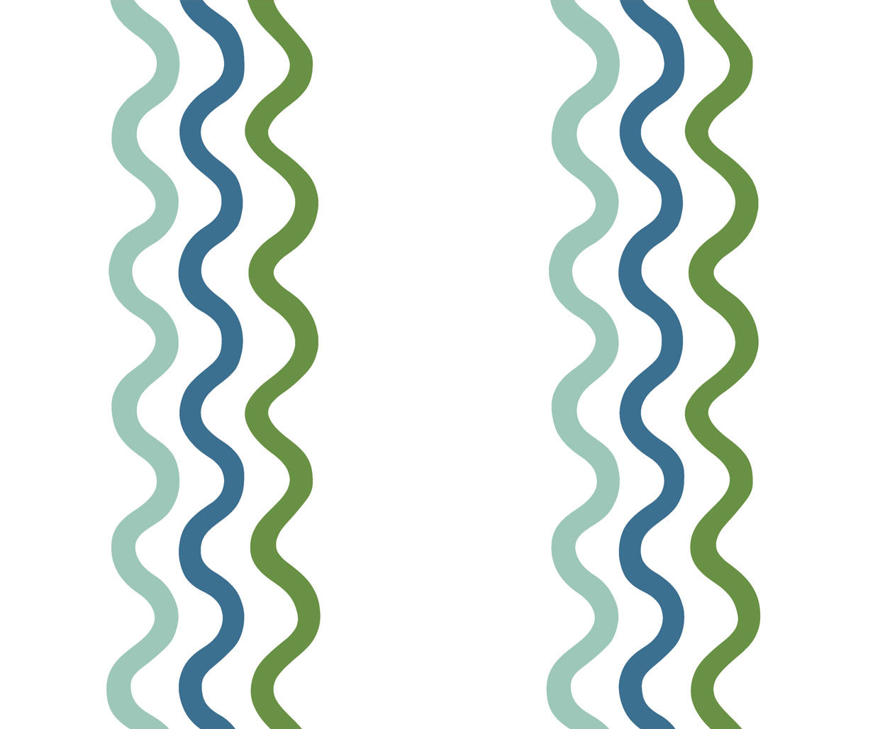 Detail of fabric in a wavy stripe print in teal and green on a white field.