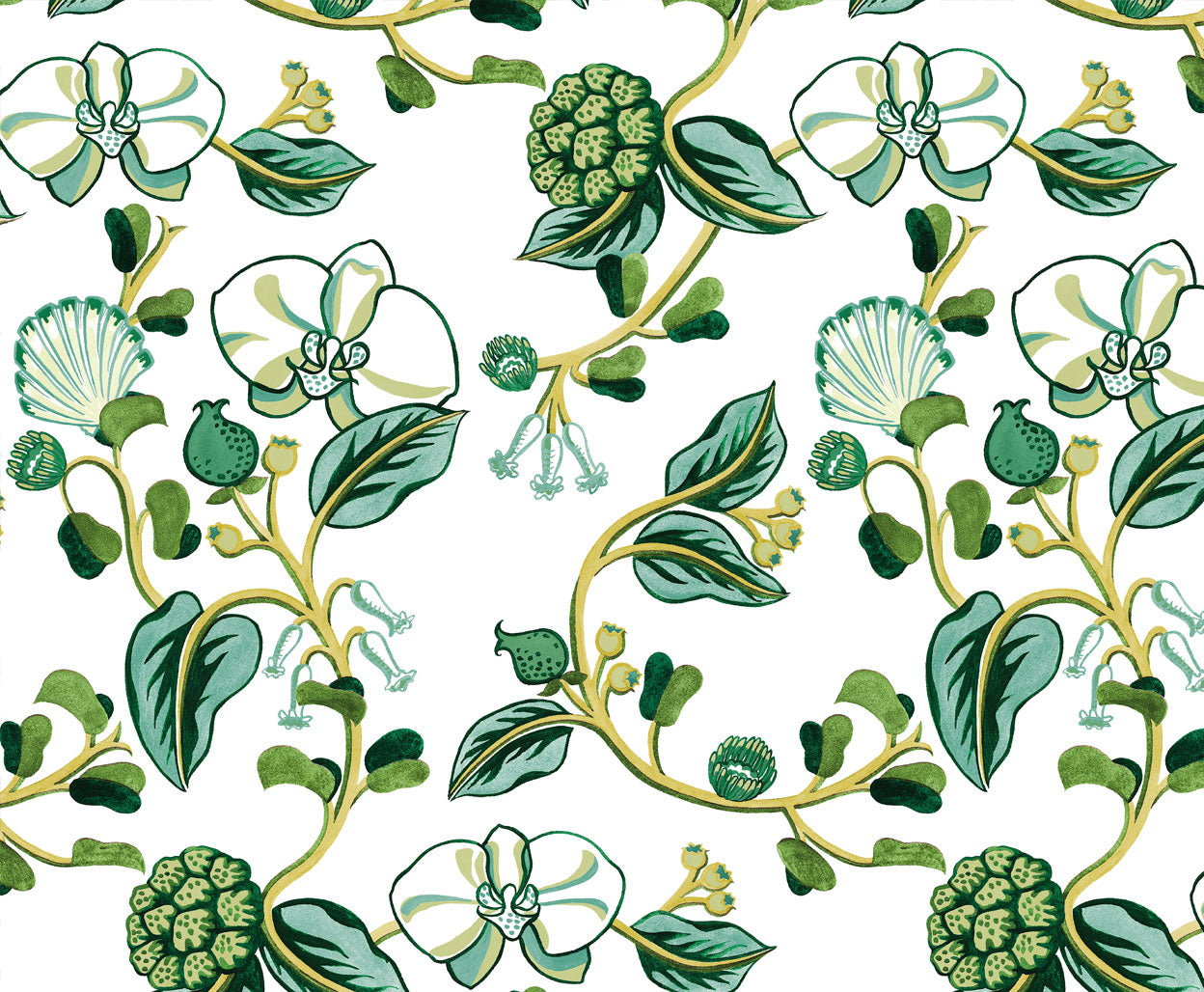 Detail of wallpaper in a varied floral print in shades of green and yellow on a white field.