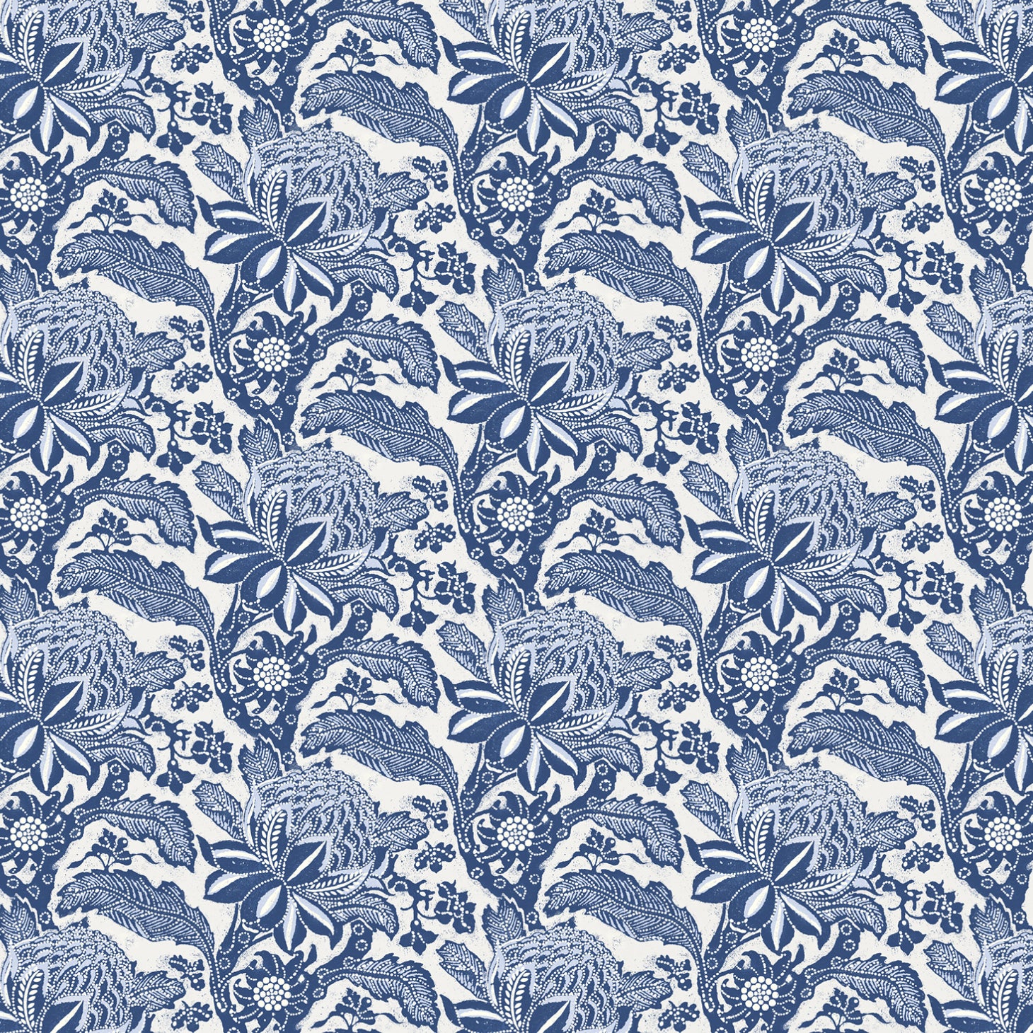 Detail of wallpaper in a repeating botanical print in navy on a white field.