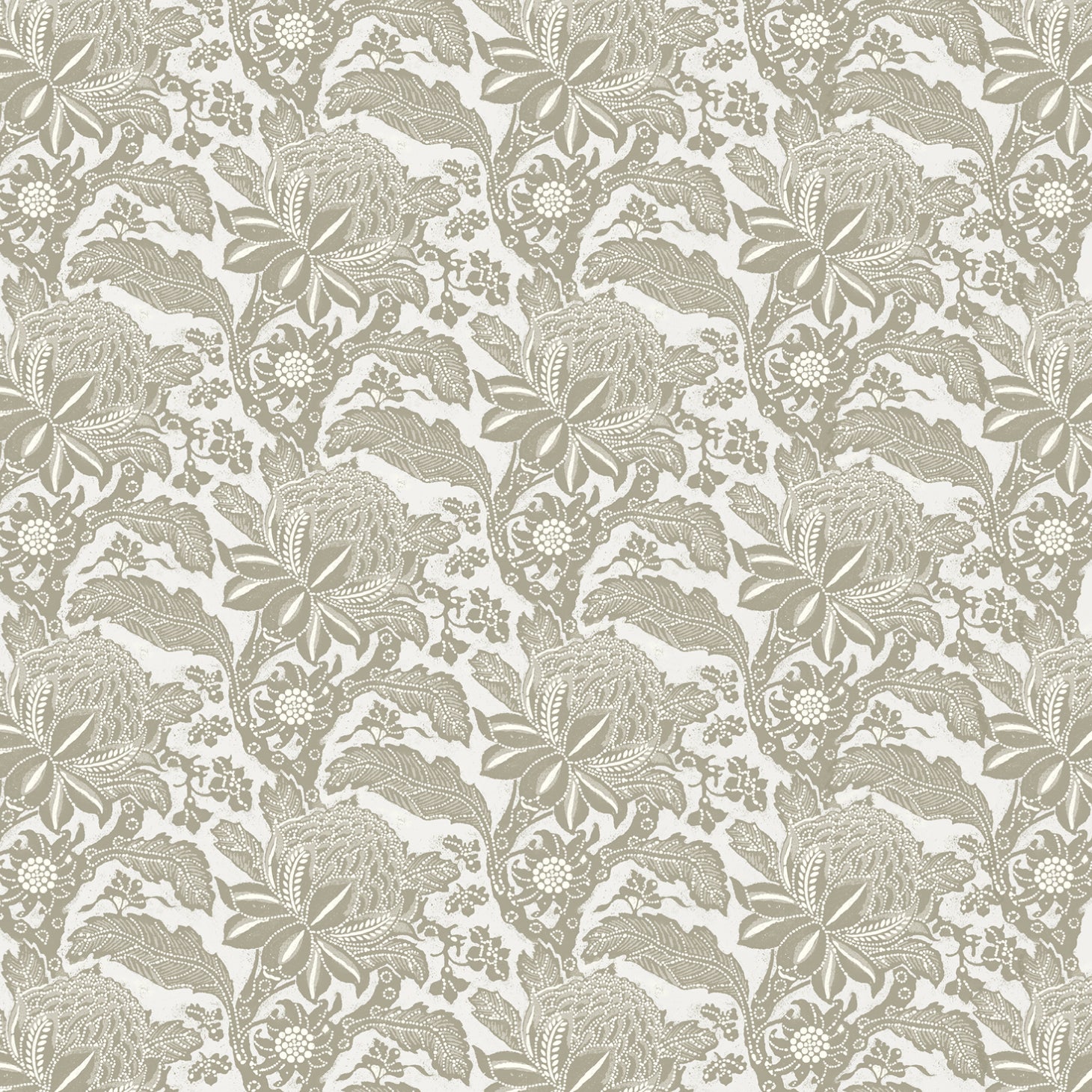 Detail of wallpaper in a repeating botanical print in cream on a white field.